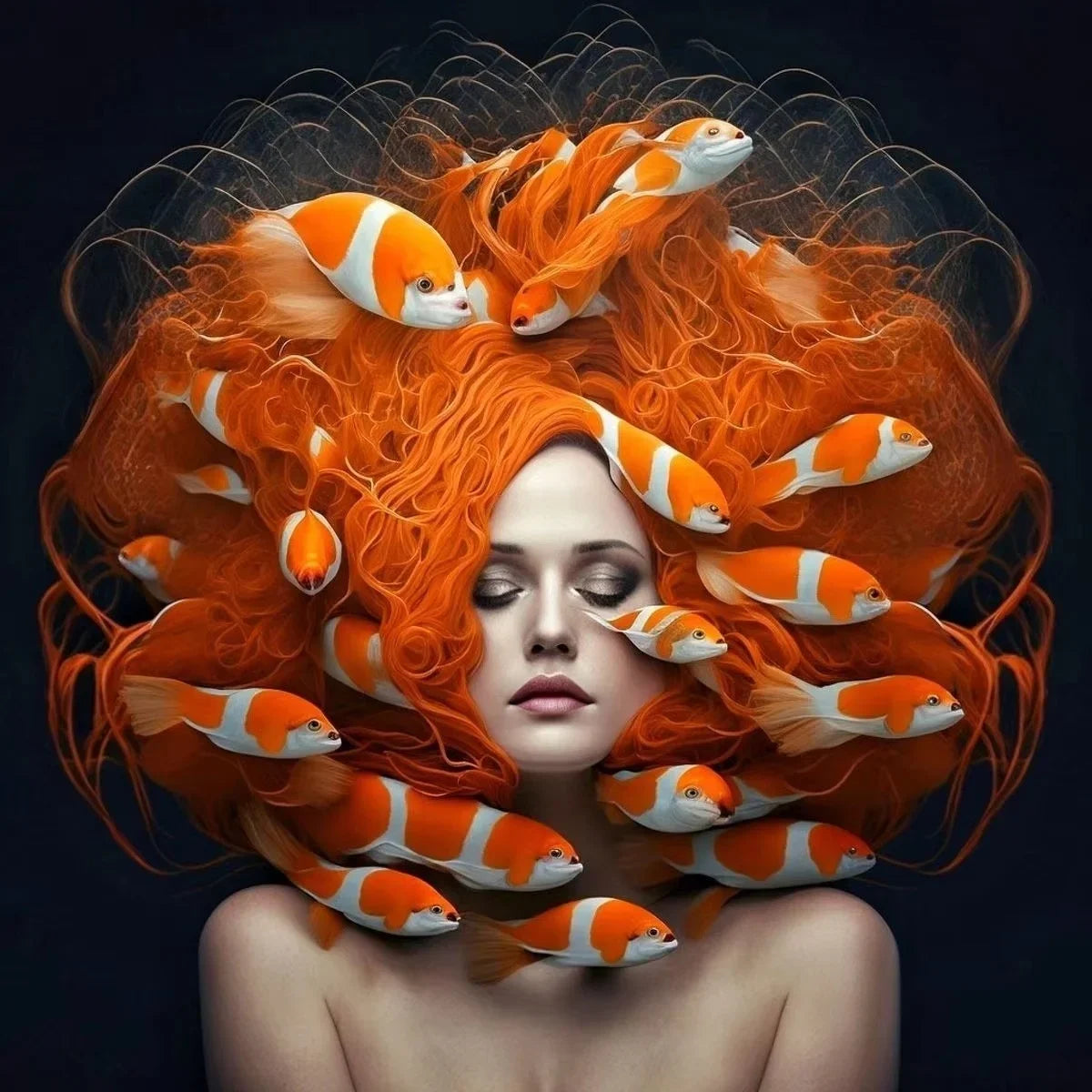 Surrealism Woman & Fish Canvas Wall Art | Fantasy Portrait Print
