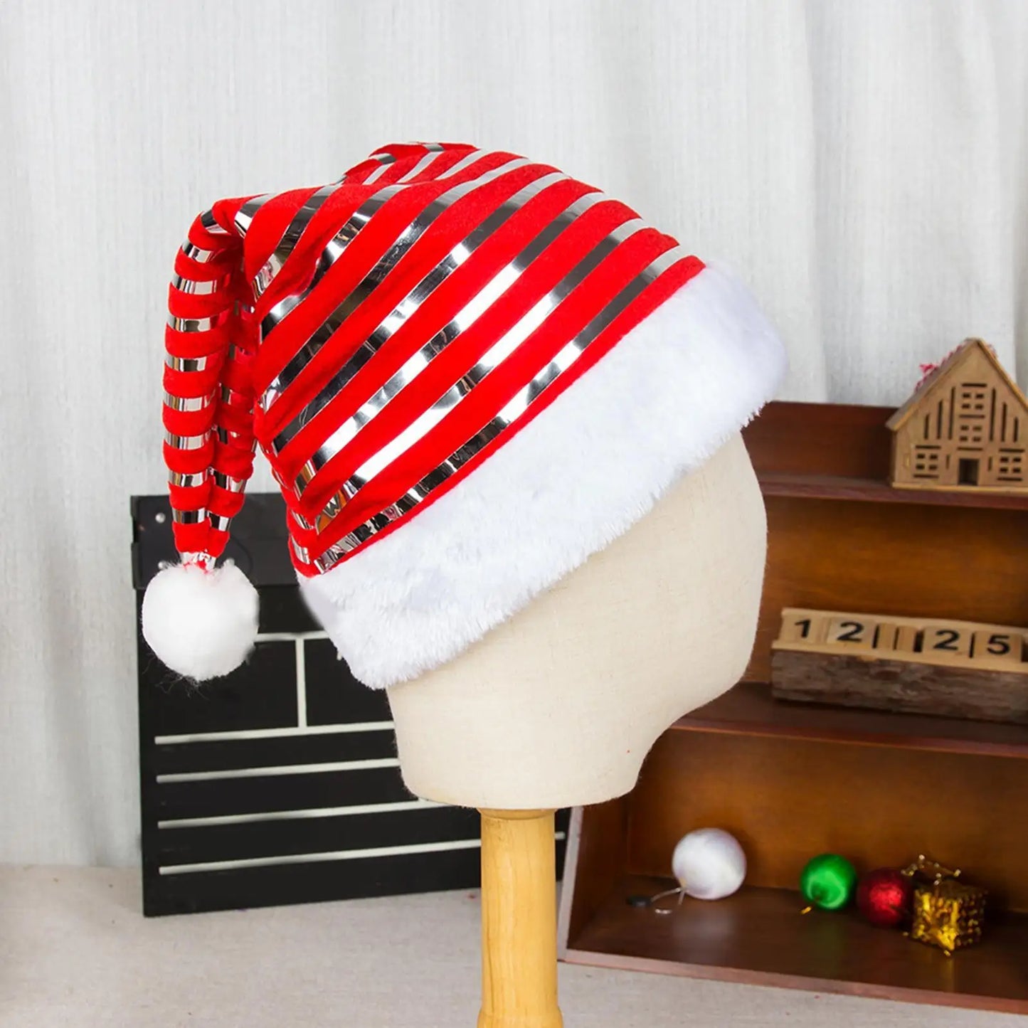 Striped Velvet Santa Hat | Unisex Christmas Hat for Adults & Kids