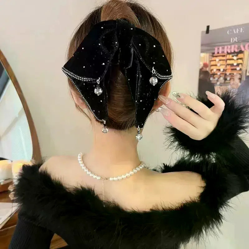 Velvet Rhinestone Bow Shark Hair Claw Clip | French Style