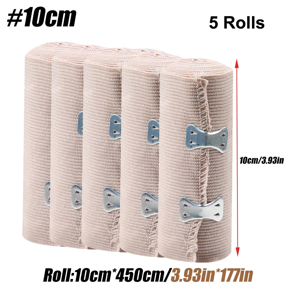 5-Pack Elastic Compression Bandage Wrap with Hooks | Sport & First Aid Compression Bandage Wrap Peaceful Pleasures Health and Wellness 10 X 450 cm (5Rolls)