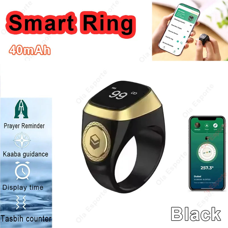 2026 New Smart Ring Men Women Prayer Reminder Tasbih counter Display Time 49 Inch HD Screen Bluetooth Life WaterProof Smartring Peaceful Pleasures Health and Wellness Black 22