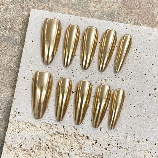 Handmade Press on Nails Champagne Gold Glossy Mirror Fake Nails for Women Girl Wearable Resuable Metal Color Almond False Nails Peaceful Pleasures Health and Wellness XS