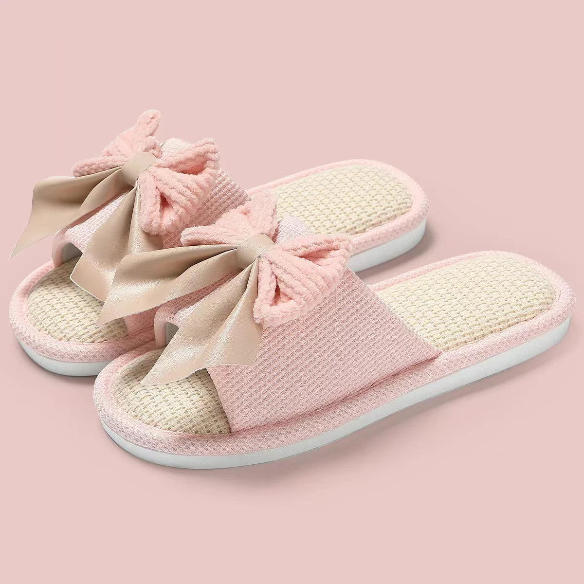 Women's Linen Bowknot Flat Slippers – Soft Lightweight Indoor Slides