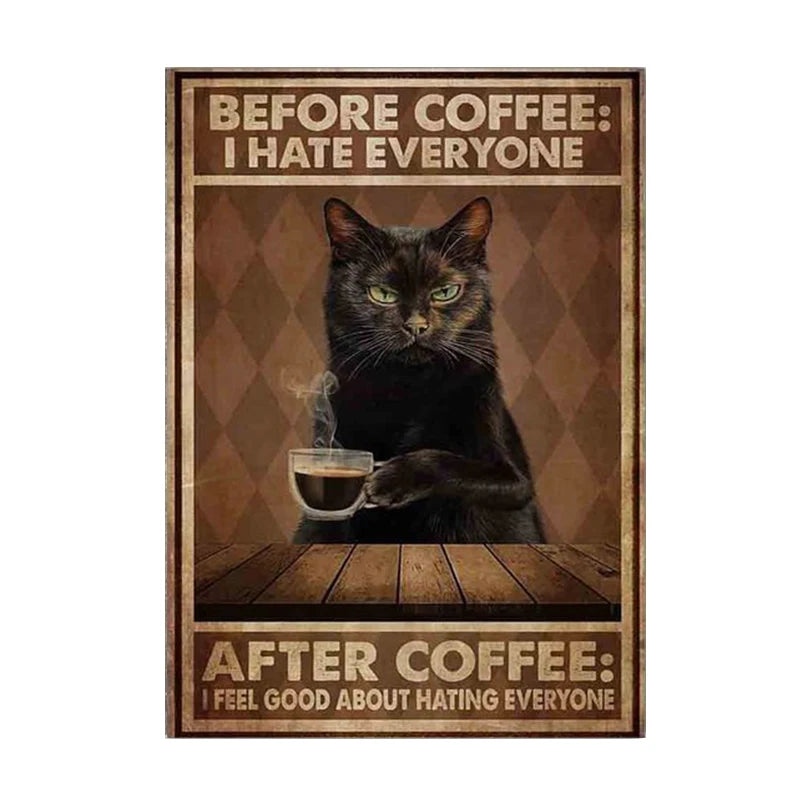 Funny Black Cat Coffee Canvas Wall Art | Retro Cat Poster