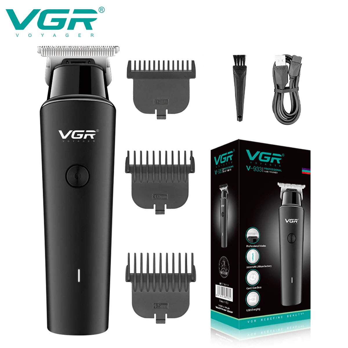 VGR Hair Clipper Rechargeable Hair Trimmer Electric Beard Shaver Wireless Barber Haircut 0mm Cutting Blade Clipper for Men V-933 Peaceful Pleasures Health and Wellness USB