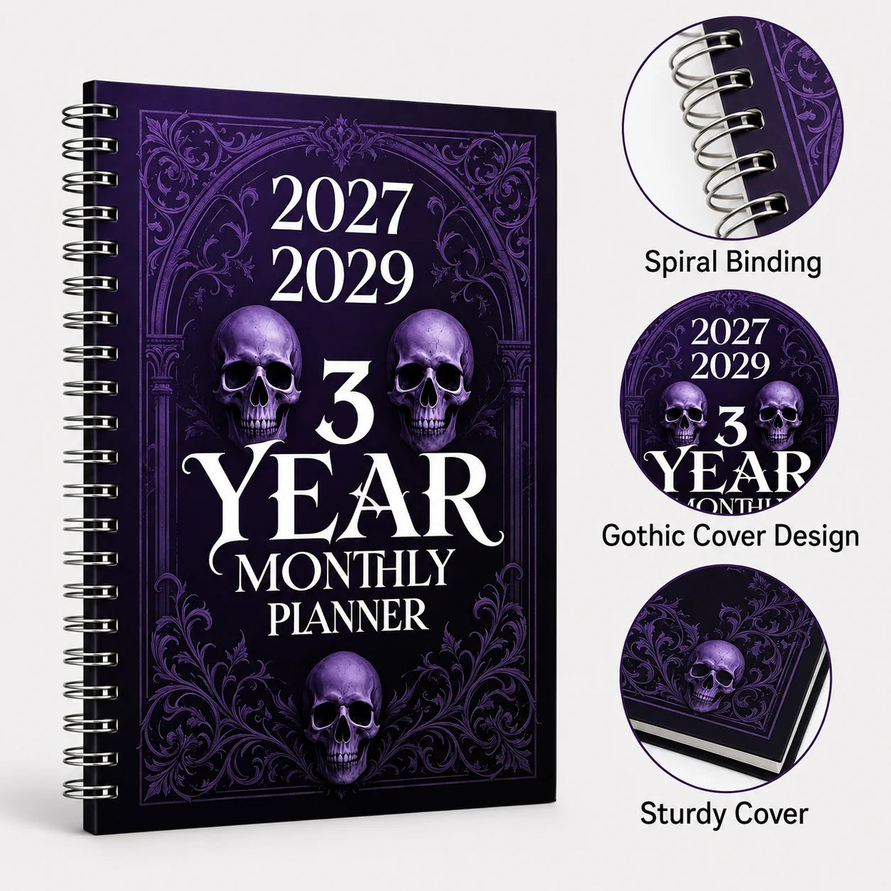 2027 2029 3 Year Monthly Planner Gothic Skull Spiral Journal