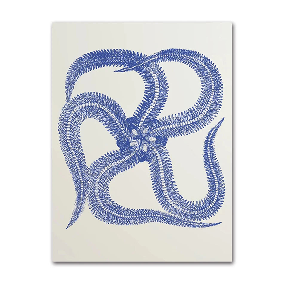 Coastal Blue Beach Antique Shell Sketch Poster, Starfish Jellyfish Conch Oil Painting Print, Wall Art for Kids Room Home Decor Peaceful Pleasures Health and Wellness 82052-05 30x40cm Unframed