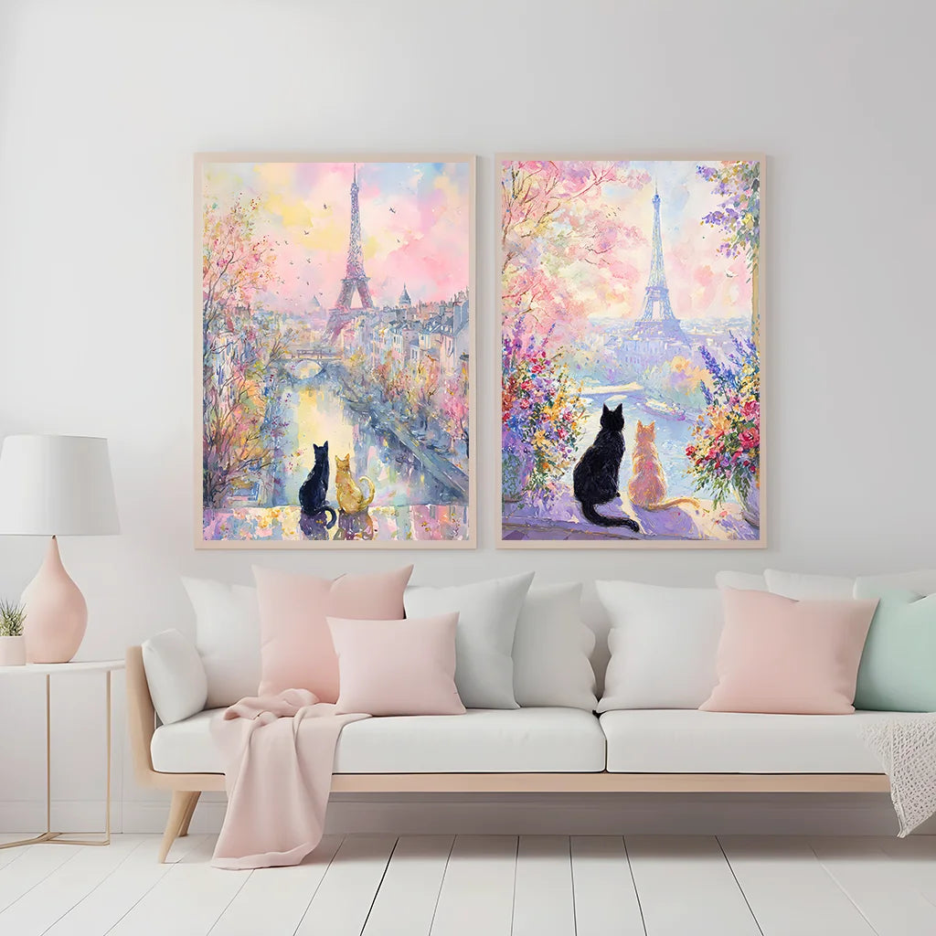 Animal Landscape Wall Art, Paris Eiffel Tower Cat Canvas Painting, Nordic Pastel Poster Print for Bedroom Living Room Wall Decor Peaceful Pleasures Health and Wellness