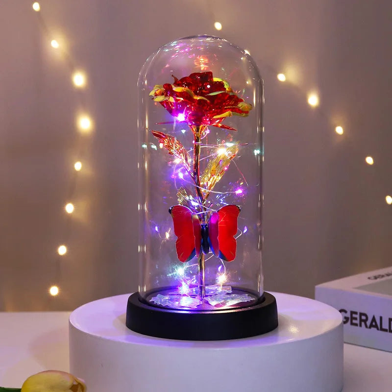 Glass Cover Rose Immortality Flower with Lamp Qixi Valentine's Day Gift Creative Decoration Decorations Peaceful Pleasures Health and Wellness B glass cover 11.5X23X9CM