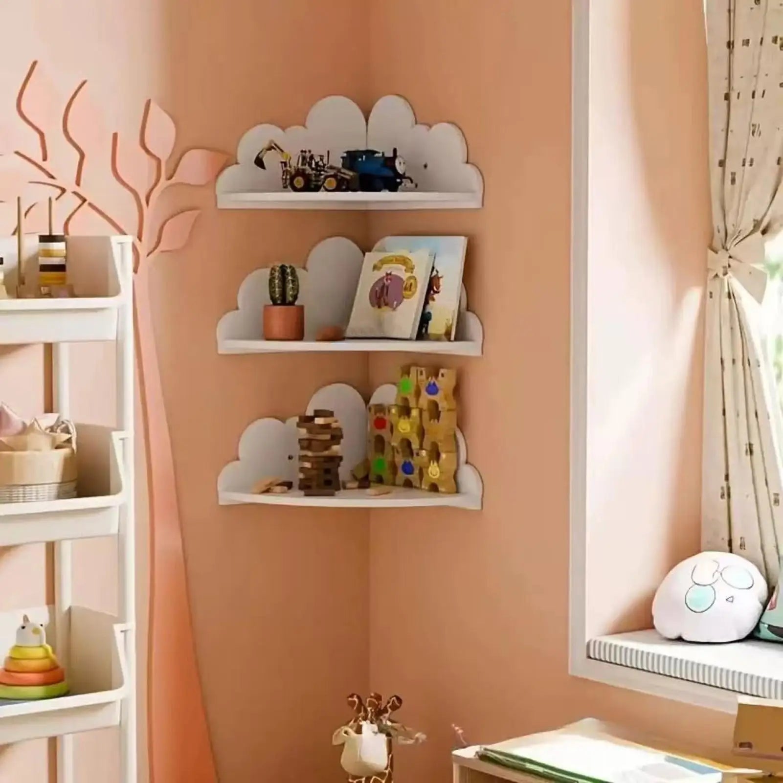 3-Piece Wooden Corner Display Shelf, Cloud Wall Bookshelf for Home Decor, Bedroom, Office, Kids Room - Space Saving Rack Peaceful Pleasures Health and Wellness
