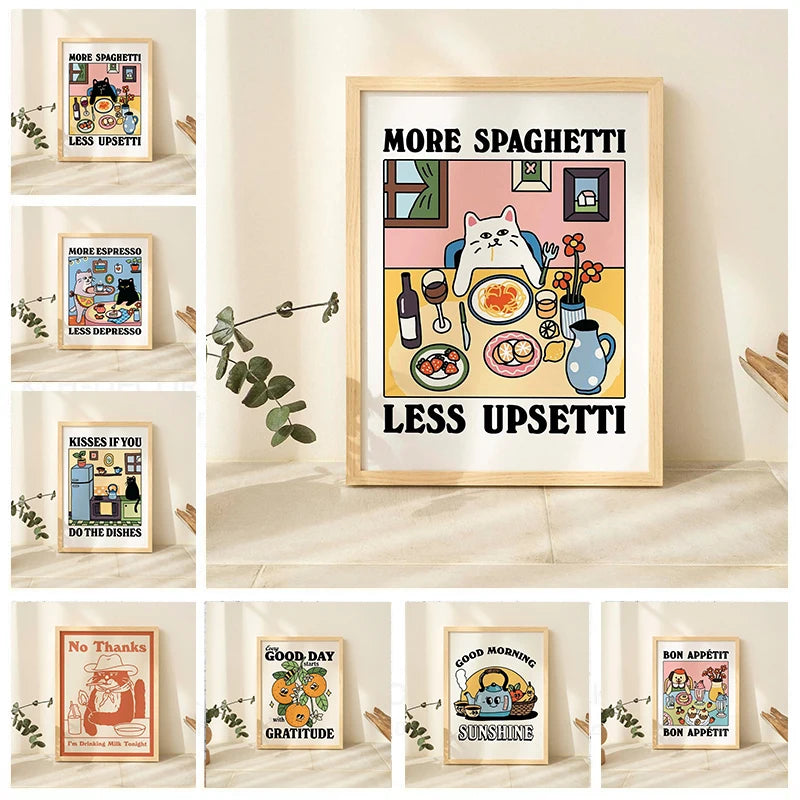 Funny Cat Canvas Wall Art | Spaghetti & Espresso Kitchen Decor