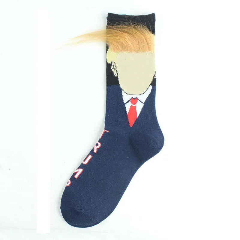 Funny and Funny Presidential Socks With 3D Fake Hair Round Neck Socks for Men's Street Clothing Hip Hop Socks Peaceful Pleasures Health and Wellness dark blue One Size