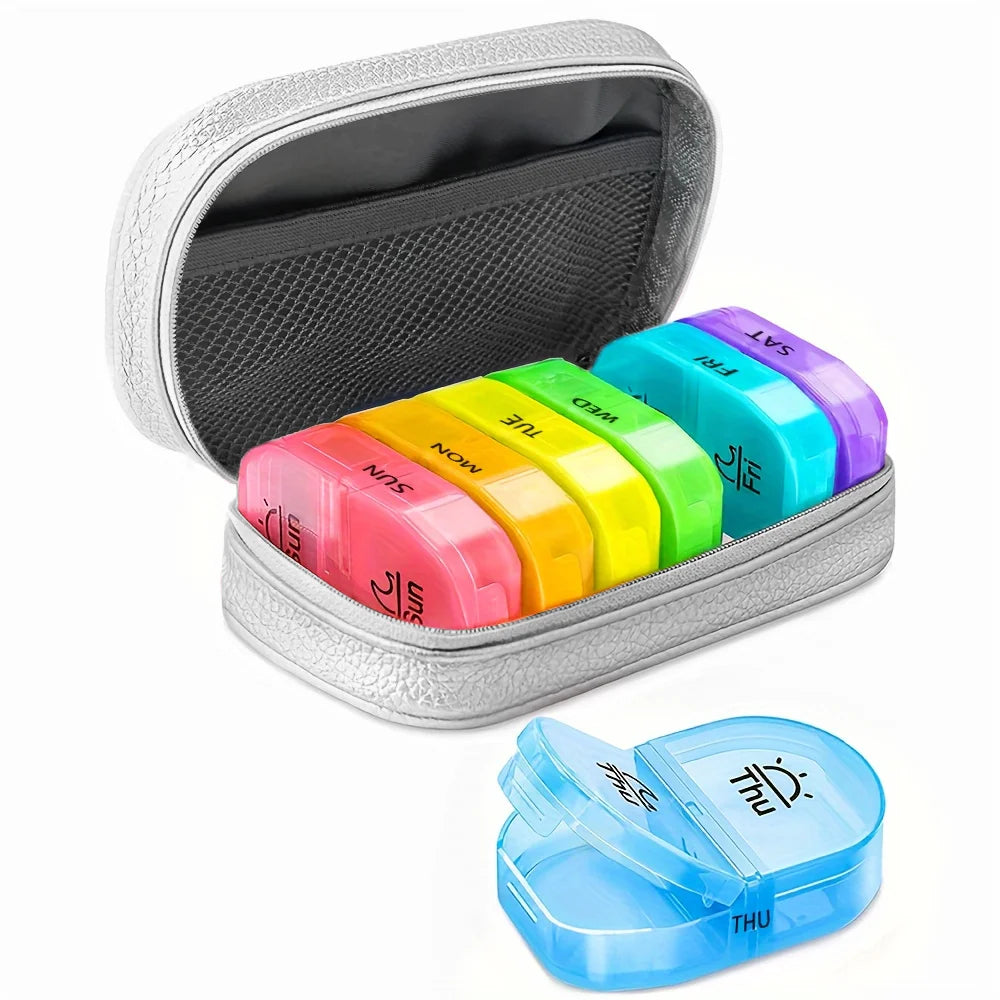 Cute Pill Organizer 2 Times a Day, PU Leather Pill Case, Portable Weekly Pill Box for Purse with Storage Bag to Hold Peaceful Pleasures Health and Wellness Silver