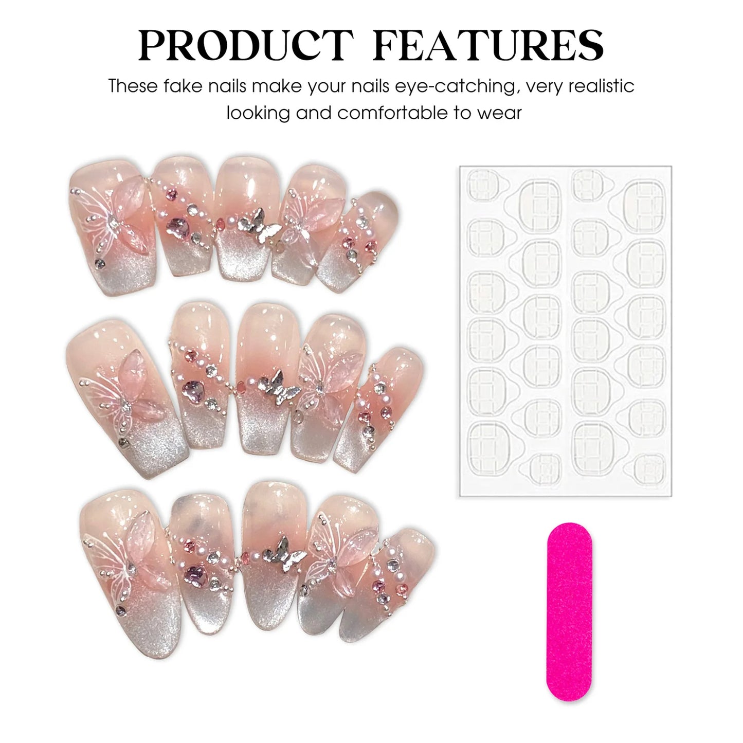 10pcs Handmade Press on Nails Pink Butterfly French Cat Eye Fake Nails Wearable Full Cover Shiny Sweet Korean Fake Nail Tips Peaceful Pleasures Health and Wellness