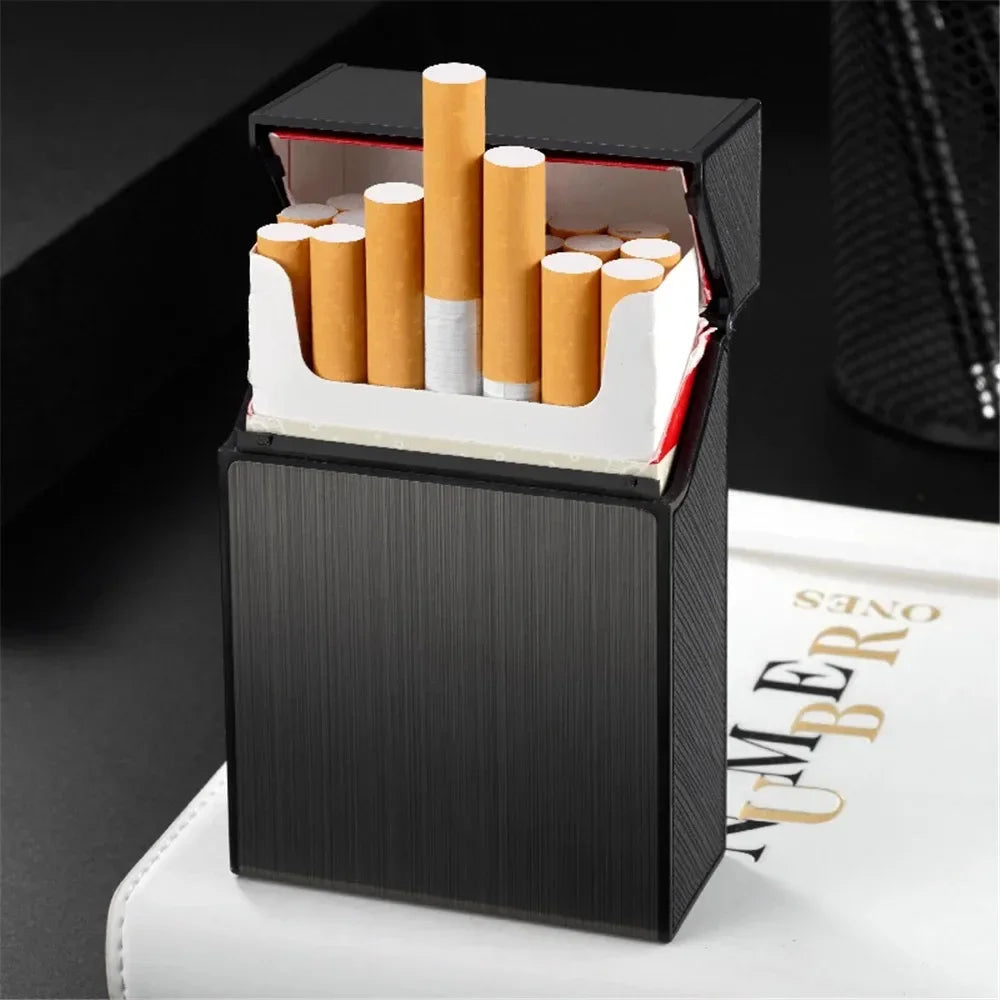 Portable Cigarette Case Metal Smoking Cigarette Box 20pcs Capacity Tobacco Holder Cigarettes Pack Cover Storage Box Men's Gadget Peaceful Pleasures Health and Wellness black