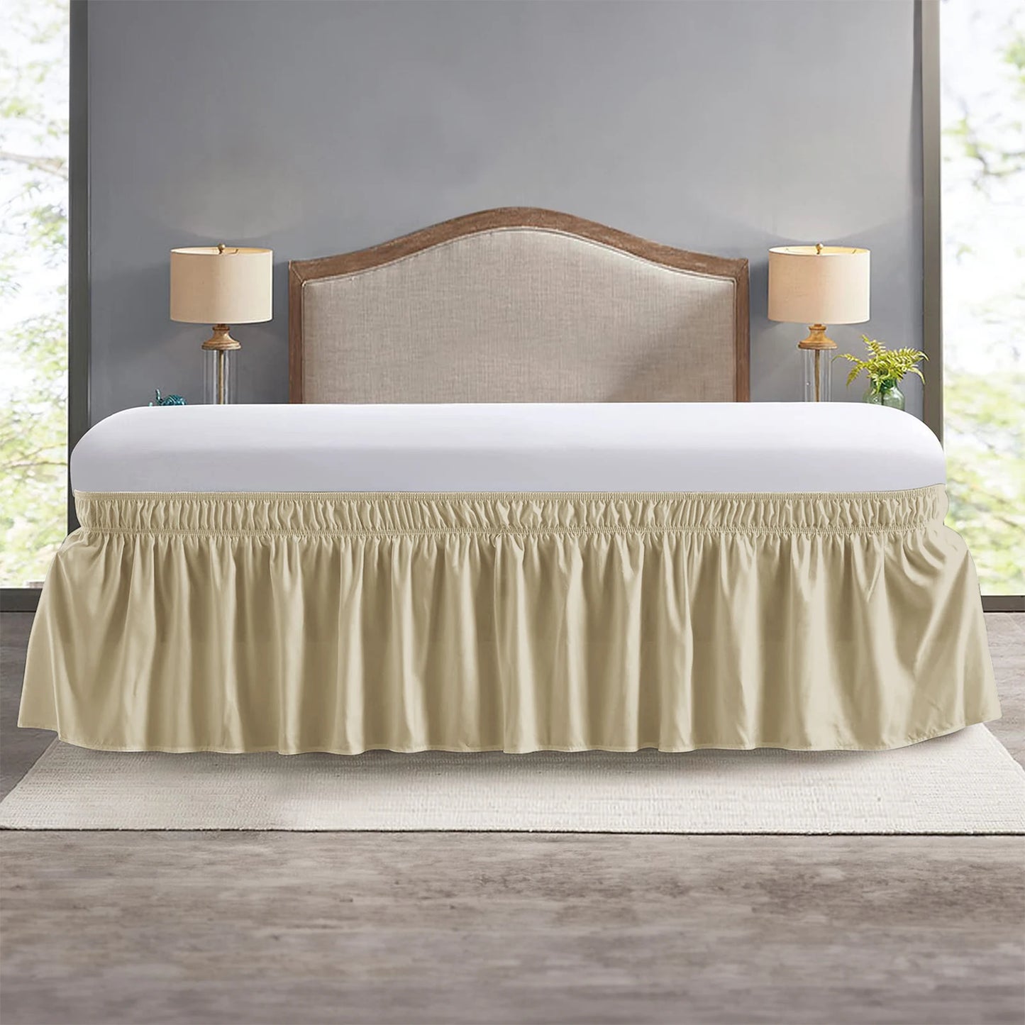 Elastic Ruffle Bed Skirt Solid Color Wrap Around Style Comfortable Fade Resistant Bed Cover Without Surface Twin Queen King Size Peaceful Pleasures Health and Wellness Khaki King 198x203cmx38cm