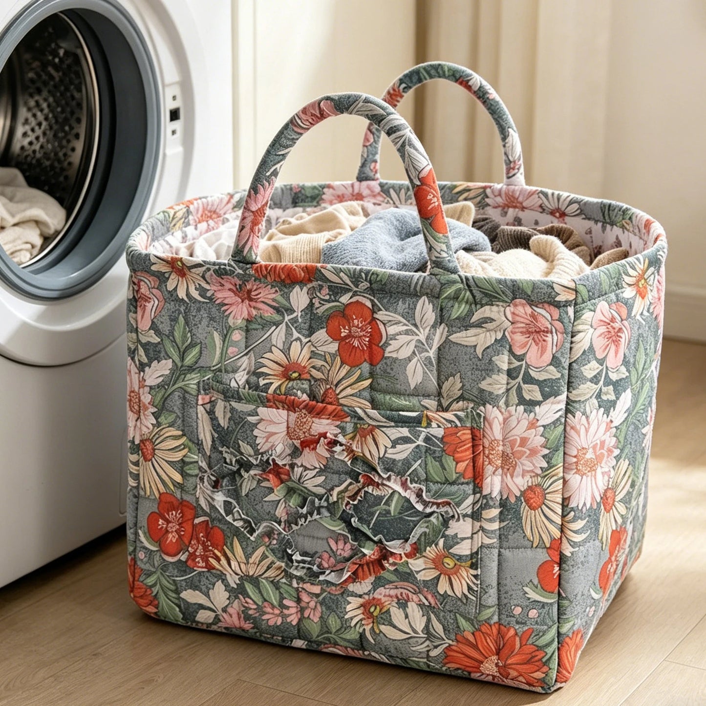 Women Floral Quilted Fabric Baskets Large Capacity Boho Gift Hamper with Handles for Clothes Home Dorms Bedrooms Bathrooms Peaceful Pleasures Health and Wellness Style D
