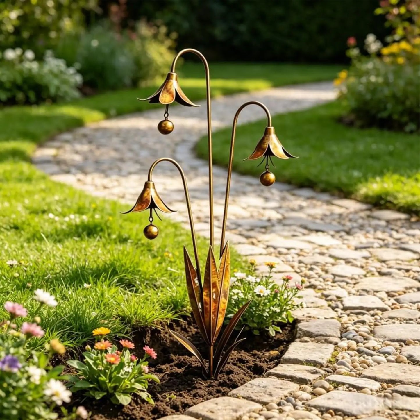Metal Flower Garden Stake with Bell | Decorative Yard Lawn Art Garden Stake Ornament Peaceful Pleasures Health and Wellness