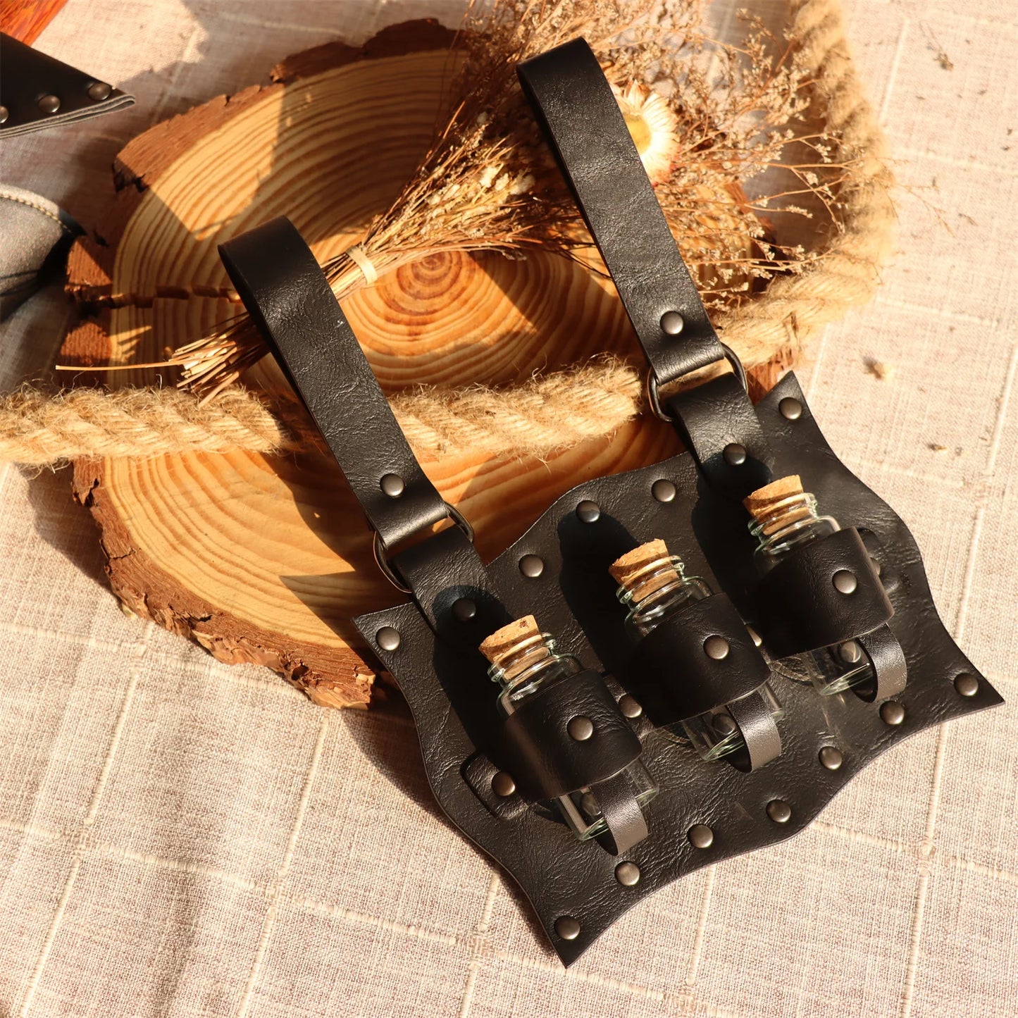Medieval Witch Wizard Dark Magic Cork Bottle Leather Holder Waist