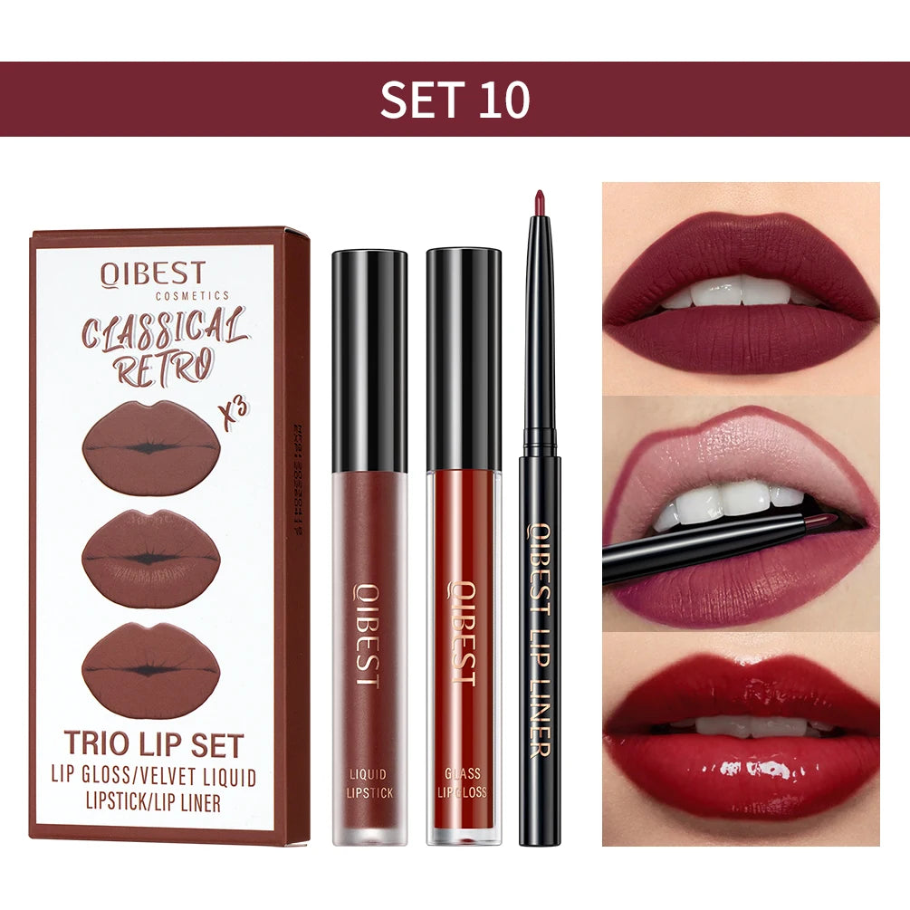 QIBEST Hots 3pcs Liquid Lipstick And Lip Liner Makeup Sets Nude Velvet Lip Gloss Lip Tint Lasting Black Lip Glaze Cosmetics Kits Peaceful Pleasures Health and Wellness SET 10