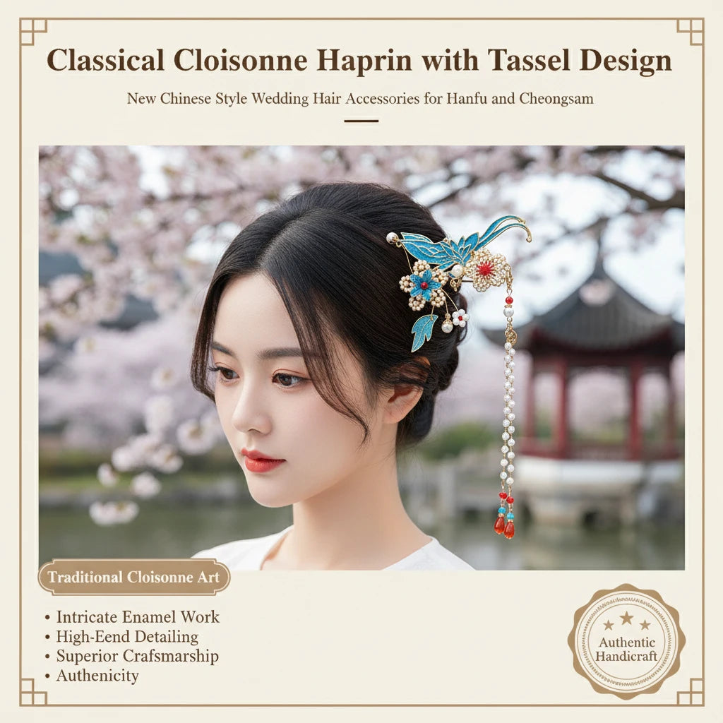 Classical Cloisonne Hairpin with Tassel Design New Chinese Style Wedding Hair Accessories for Hanfu and Cheongsam Peaceful Pleasures Health and Wellness