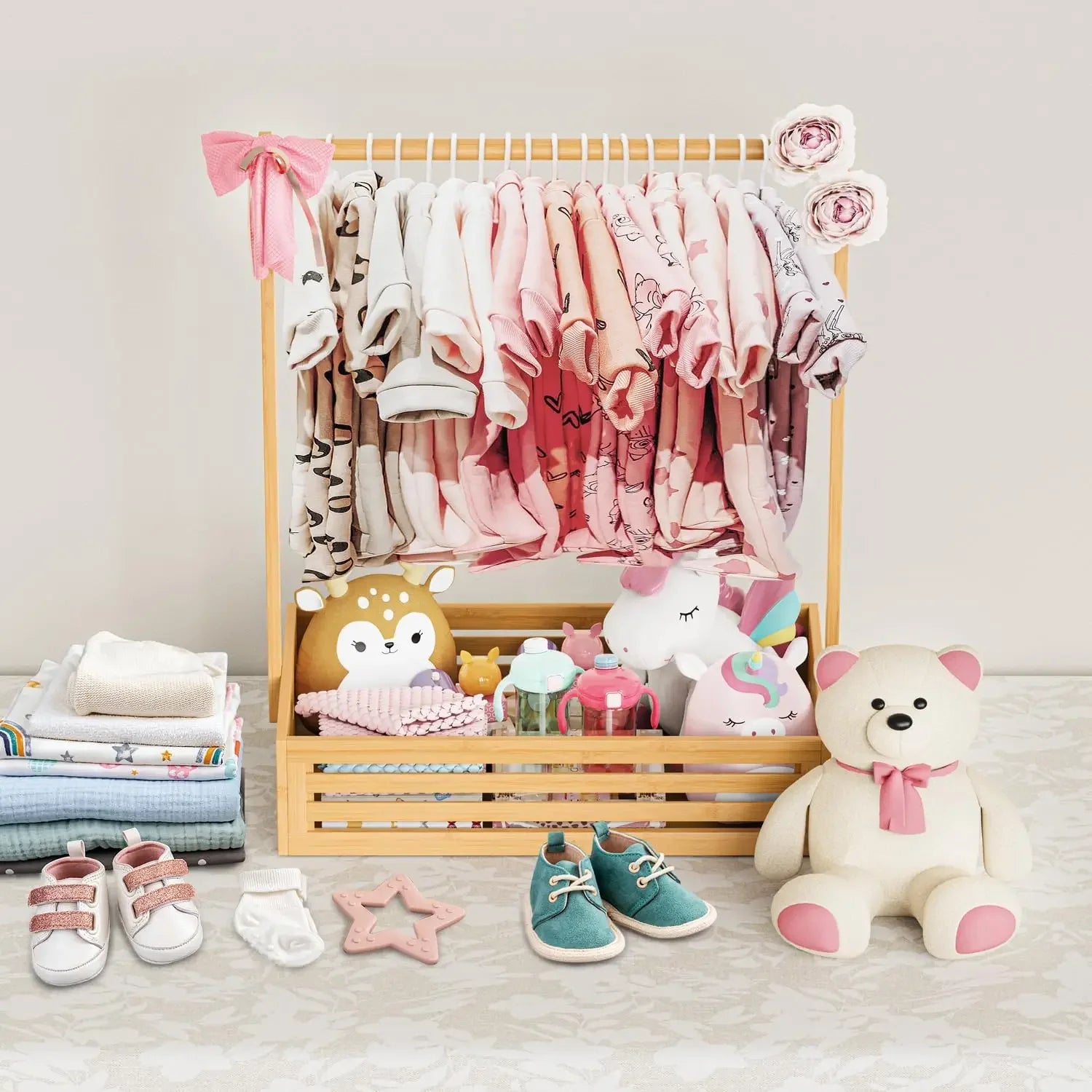 Adjustable Baby & Pet Clothes Rack with Storage Box, Bamboo Nursery Organizer for Toddler Room Peaceful Pleasures Health and Wellness