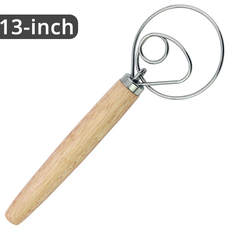 Leeseph 13inch Danish Dough Whisk, Stainless Steel Dutch Style Bread Dough Hand Mixer, Wooden Handle Kitchen Baking Tools Peaceful Pleasures Health and Wellness 3 loop 13inch