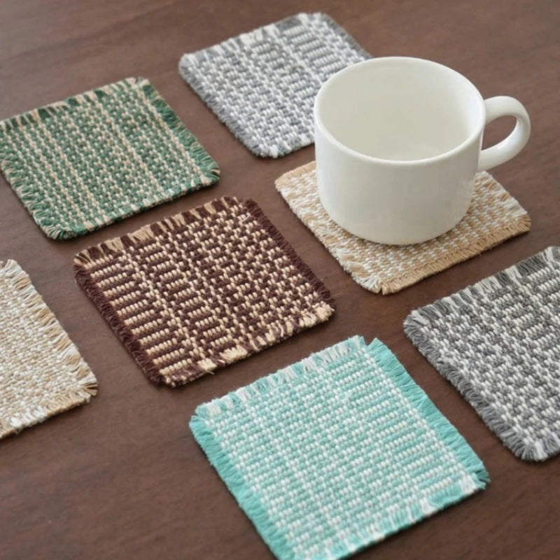 Vintage-inspired, tassel-trimmed woven coasters. checkered square fabric trivets, perfect for coffee, tea, and more Peaceful Pleasures Health and Wellness