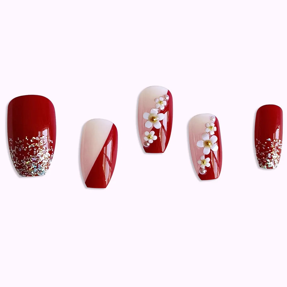 24pcs Glossy Red Press on Nails with White flowers Decor Coffin Head Fake Nails Full Cover Wearable Sweet Korean False Nails Peaceful Pleasures Health and Wellness