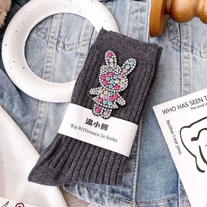 Diamond Cartoon Rabbit Decorative Socks, Fashionable Diamond Sparkling Women's Socks, Comfortable And Breathable Christmas Socks Peaceful Pleasures Health and Wellness GRAY One Size