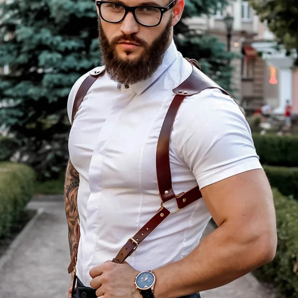 Men's Suspenders Vintage Brown PU Leather Straps Braces Suspender Men