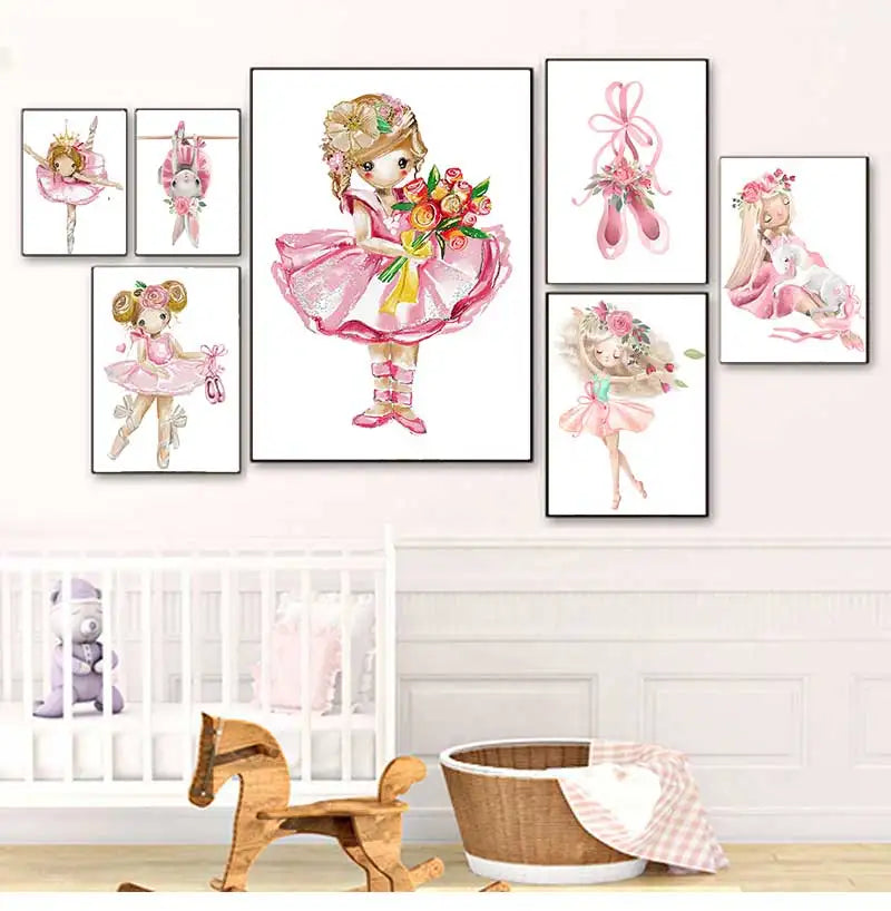 Kids Canvas Wall Art | Ballet Girl Rabbit Unicorn Poster Print