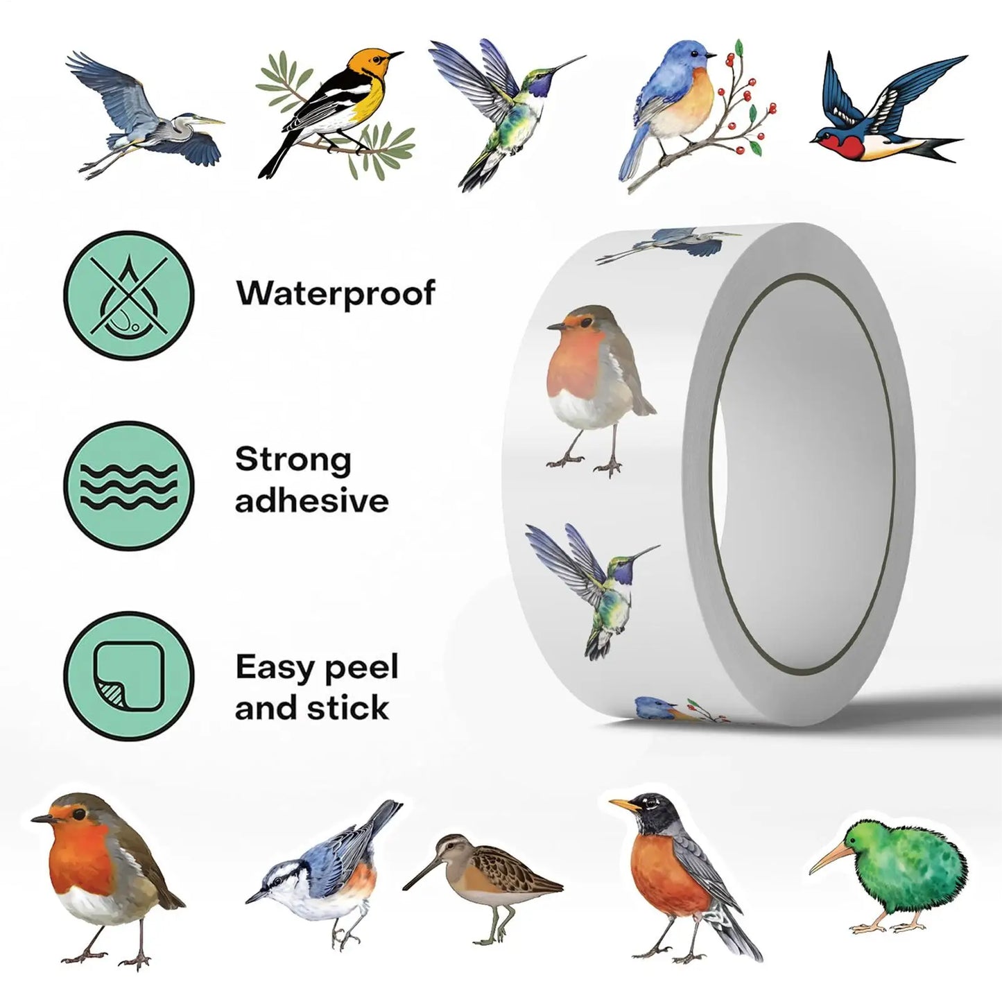 500 Cartoon Bird Stickers Roll – Waterproof DIY Decals