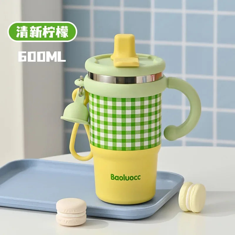 Insulated Cup Stainless Steel Insulated Ice Cream Cup Double Drinking Student Straw Water Cup Large Capacity High Beauty Cup New Peaceful Pleasures Health and Wellness Fresh Lemon 600ML