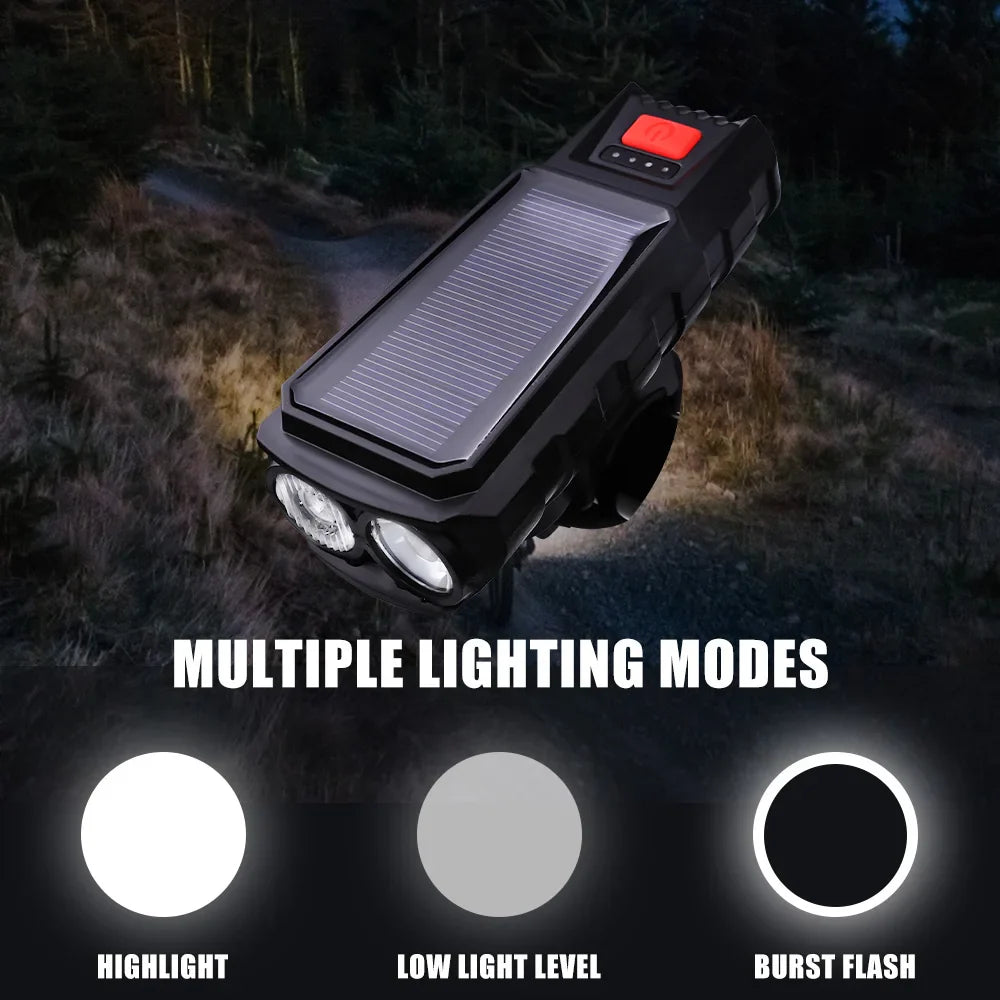 Solar Bike Front Light 300LM USB-C Rechargeable with 120dB Horn