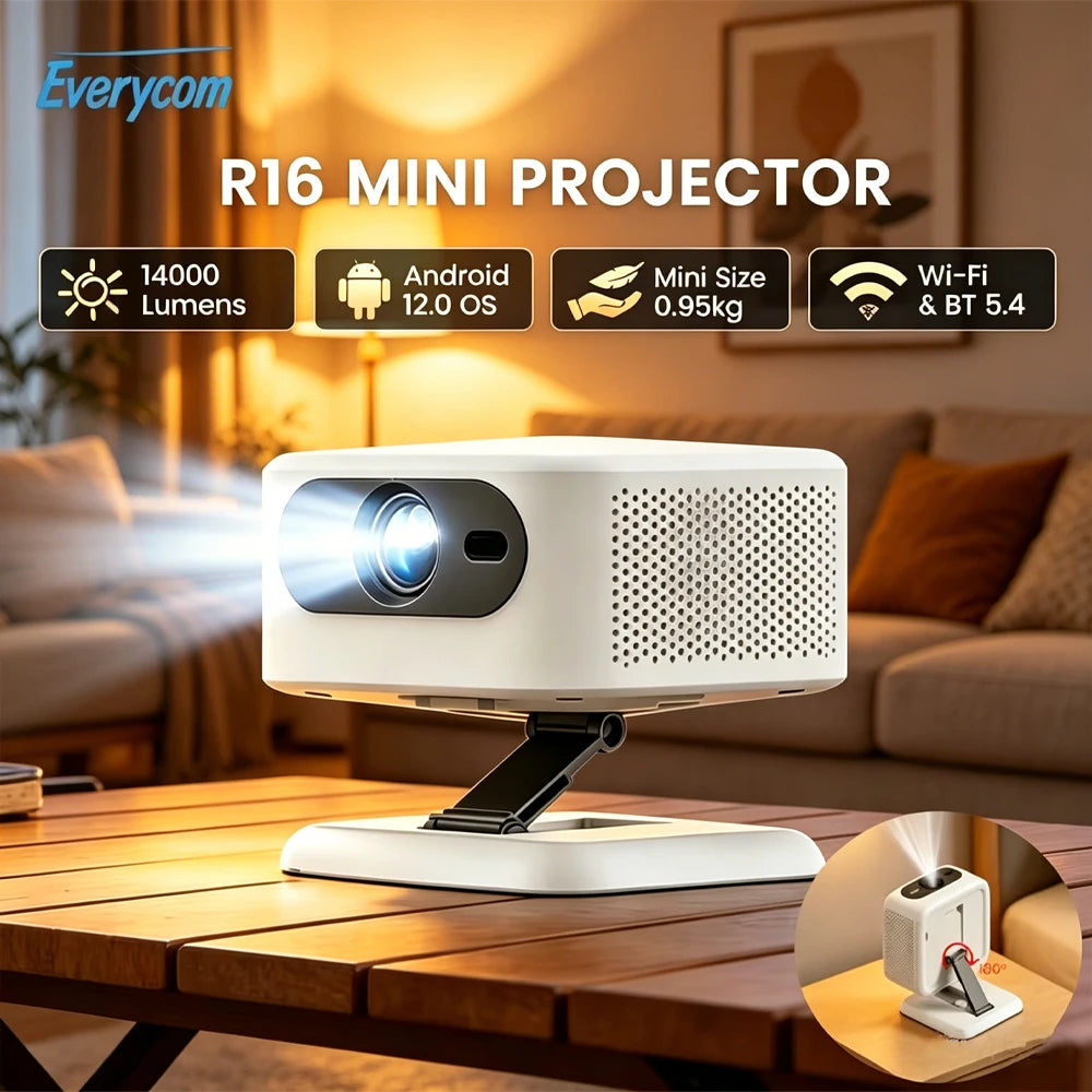 Everycom R16 Mini Projector 14000 Lumens 0.95KG Ultralight Portable Camping Home Cinema Android 12 Smart LED Beamer with Stand Peaceful Pleasures Health and Wellness Default Title