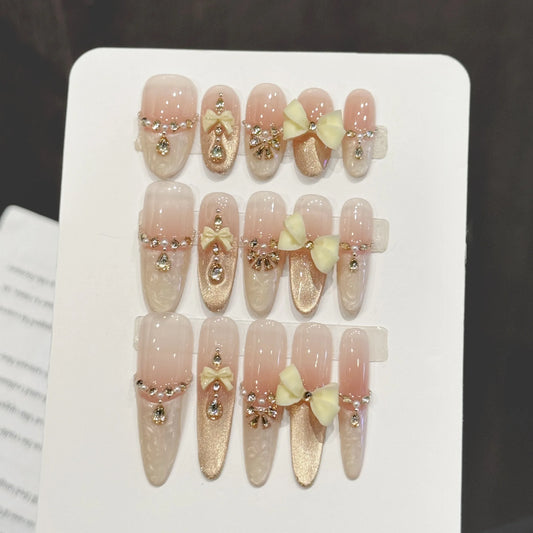 10pcs Handmade Cat's Eye Nail Art Press on Nails 3D Bow Light Luxury False Nails Wearable Pink Gentle French Fake Nails Decor Peaceful Pleasures Health and Wellness