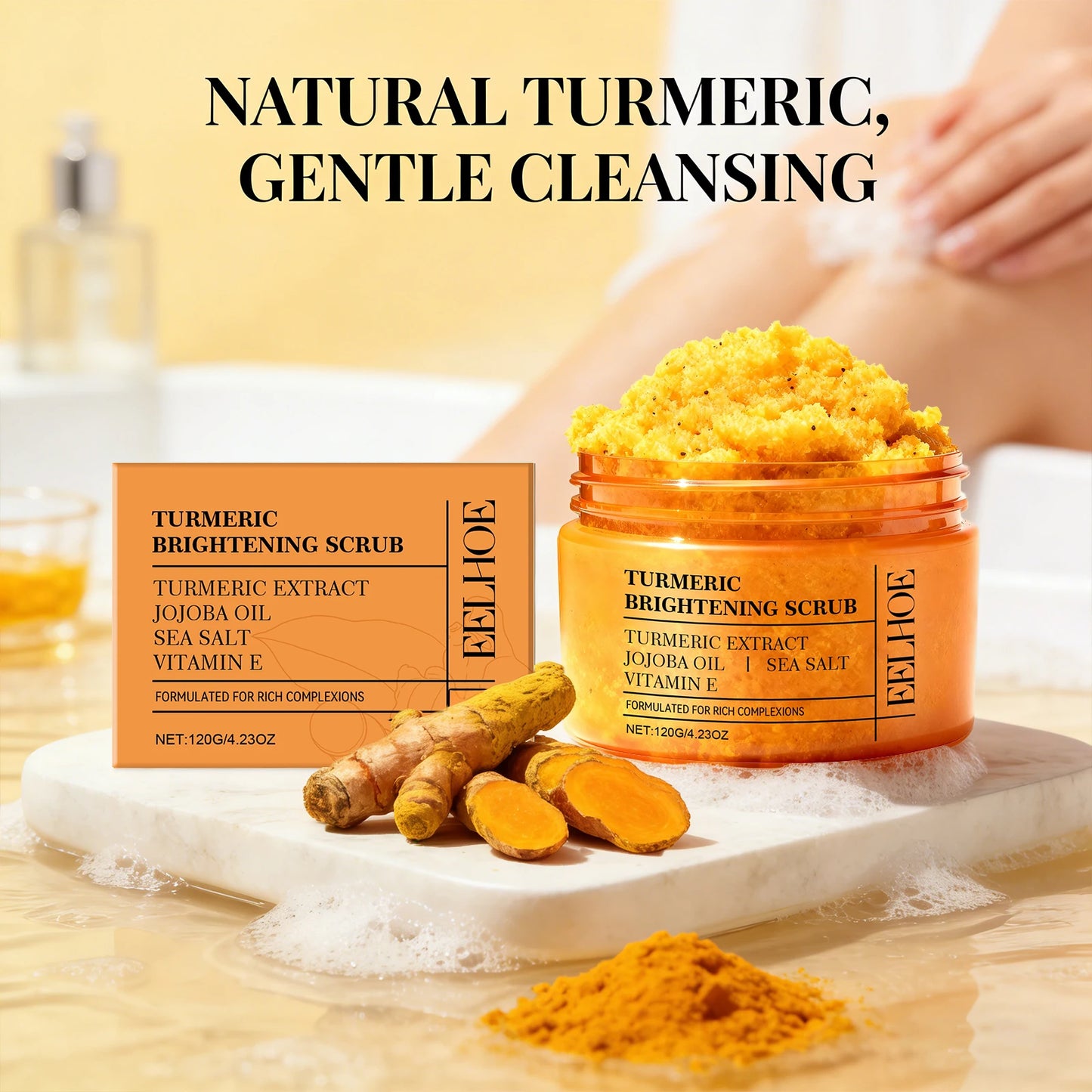 Turmeric Vitamin E Exfoliation scrub Smoothing Brightening Skin Care Reduce Dark Spots refreshed Turmeric Body Scrub Cosmetics Peaceful Pleasures Health and Wellness