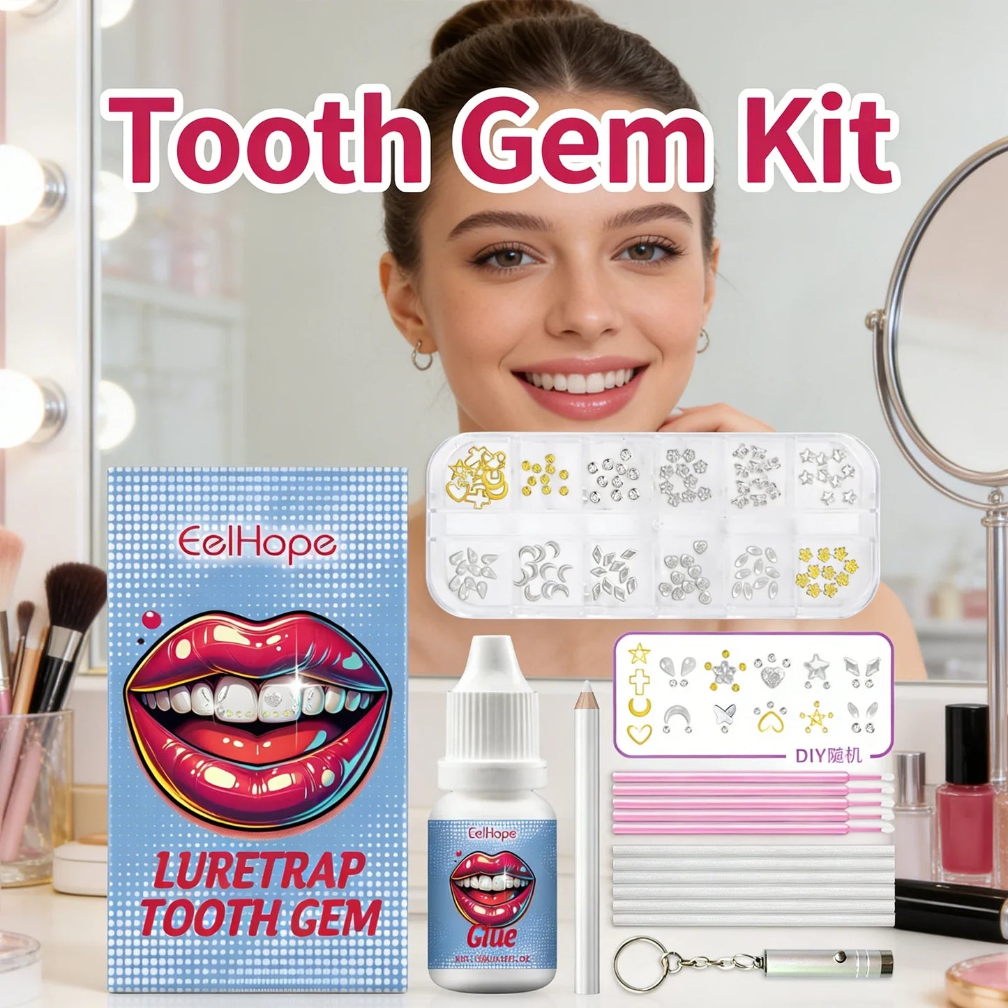 DIY Tooth Gems Kit – 120 Crystal Teeth Jewels + UV Glue