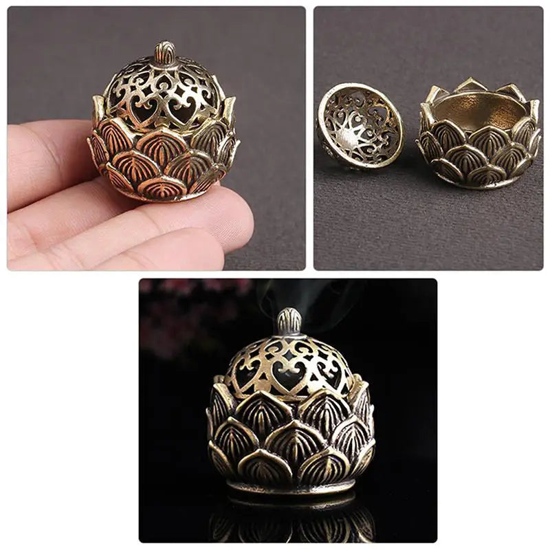 Retro Copper Small Lotus Hollow Out Incense Stick Burner Brass Incense Holder with Cover Home Decoration Sandalwood Censer Peaceful Pleasures Health and Wellness