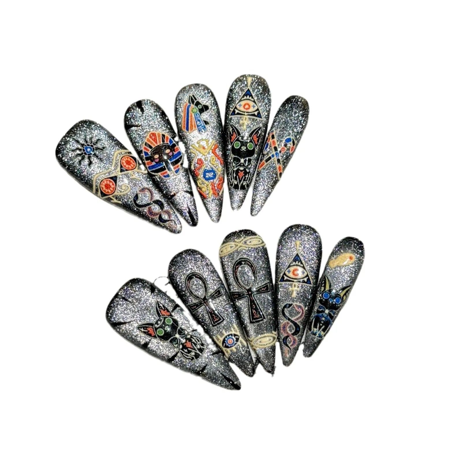 Handmade Press on Nails Egyptian Cat Pharaoh Cute False Nails Sweet Cool Spicy Girl Style Cat Eye Long Almond Fake Nail Tips Peaceful Pleasures Health and Wellness