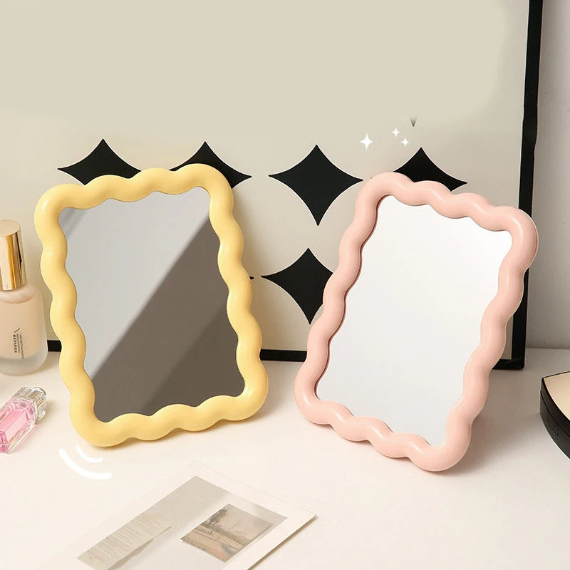 Corrugated Desktop Makeup Mirror Solid Color Simple Portable Handheld Makeup Mirror Foldable Student Compact Cute Mirror Peaceful Pleasures Health and Wellness