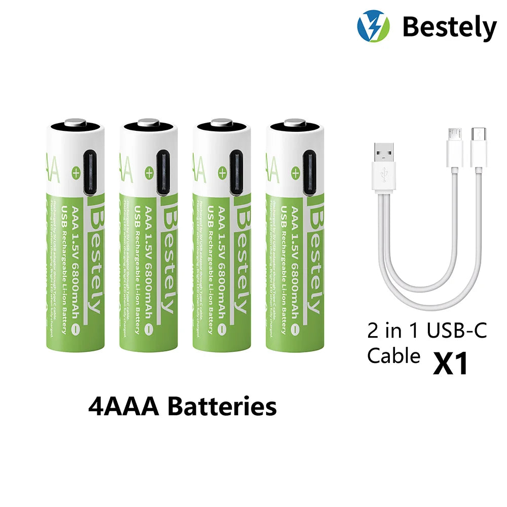 AAA Battery Rechargeable 2000+ Cycles 1.5V 6800mAh Li-ion Type-C Charging Triple Safety Long-Lasting Power Batteries Peaceful Pleasures Health and Wellness 4 pcs AAA Batteries