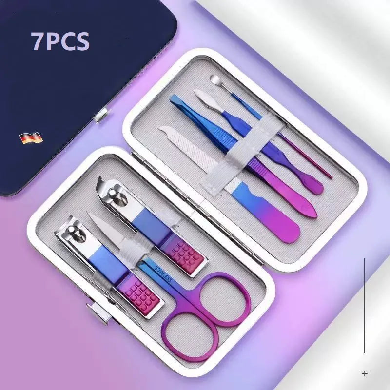 Colorful Stainless Steel Manicure Set 7 In 1 Nail Clipper Pedicure Kit Cuticle Pusher Remover Toenail Fingernail Scissors Groom Peaceful Pleasures Health and Wellness
