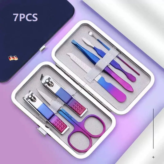 Colorful Stainless Steel Manicure Set 7 In 1 Nail Clipper Pedicure Kit Cuticle Pusher Remover Toenail Fingernail Scissors Groom Peaceful Pleasures Health and Wellness