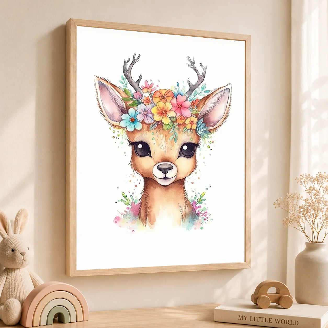 Nursery Plant Flower Wall Art, Bear Deer Elephant Canvas Painting, Minimalist Animal Poster Print for Baby Kids Bedroom Decor Peaceful Pleasures Health and Wellness