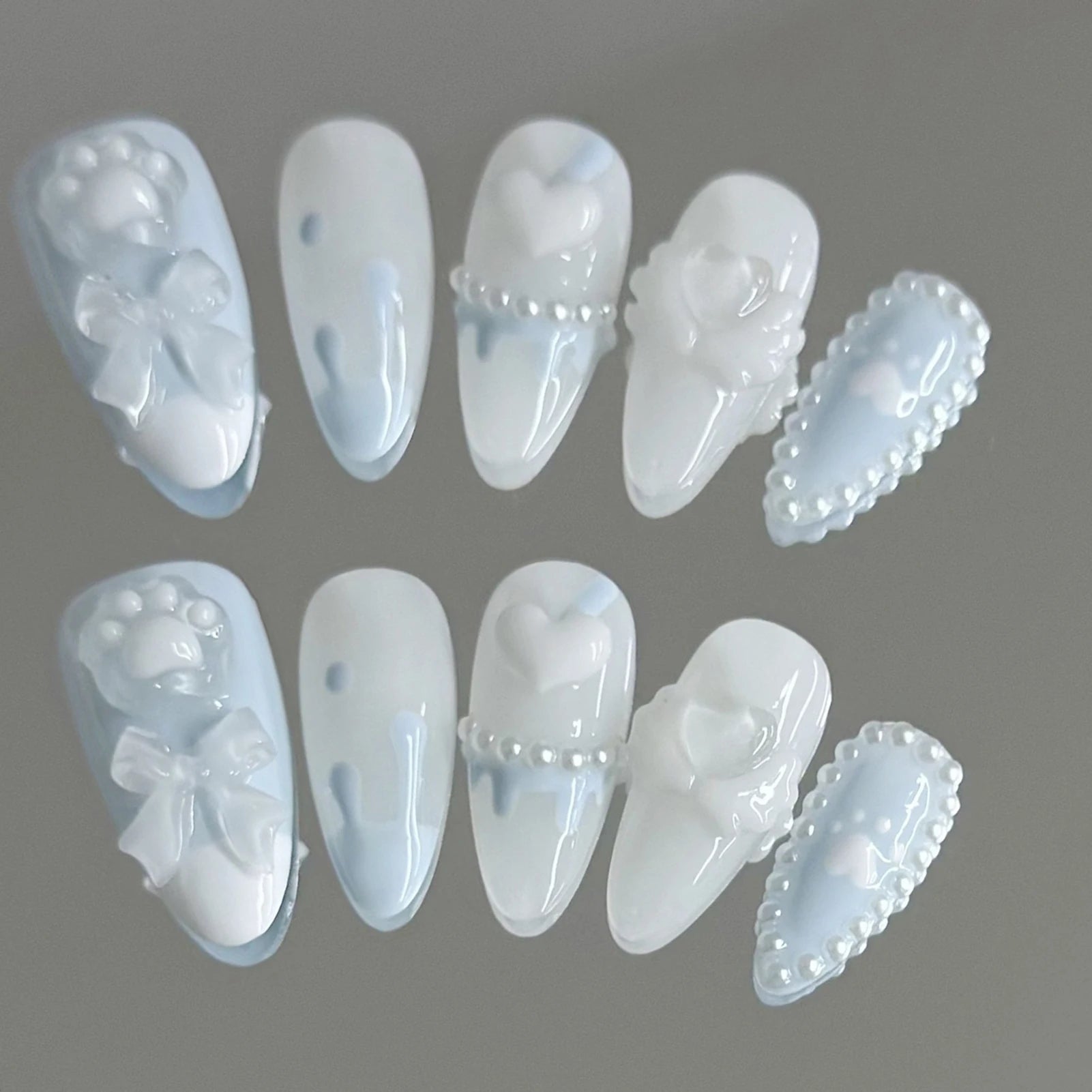 Handmade Press on Nails with Cute Bear Paw Design Light Blue Fake Nails Full Cover Wearable Sweet Korean Almond False Nail Tips Peaceful Pleasures Health and Wellness