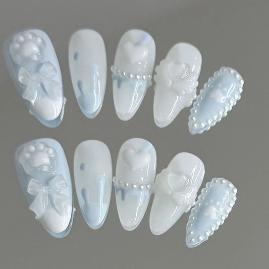 Handmade Press on Nails with Cute Bear Paw Design Light Blue Fake Nails Full Cover Wearable Sweet Korean Almond False Nail Tips Peaceful Pleasures Health and Wellness
