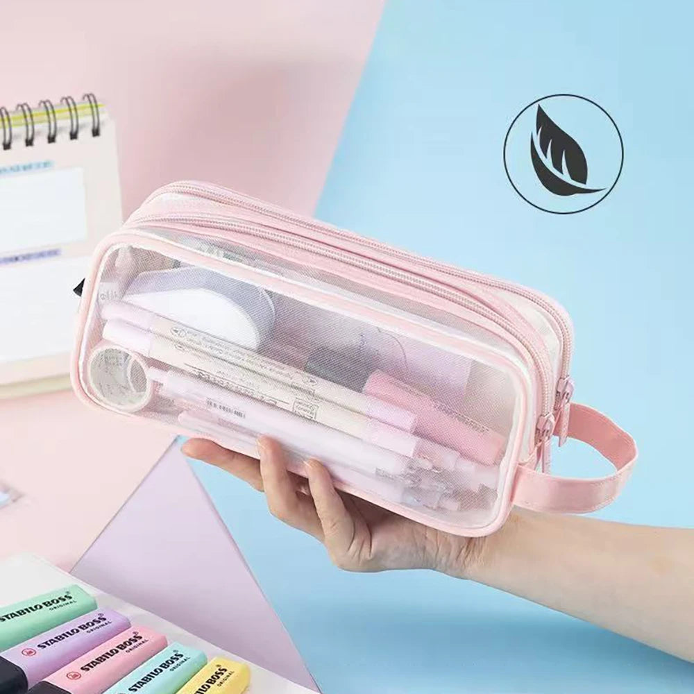Mesh Double-layer Pencil Case Large Capacity Student Creative Simple