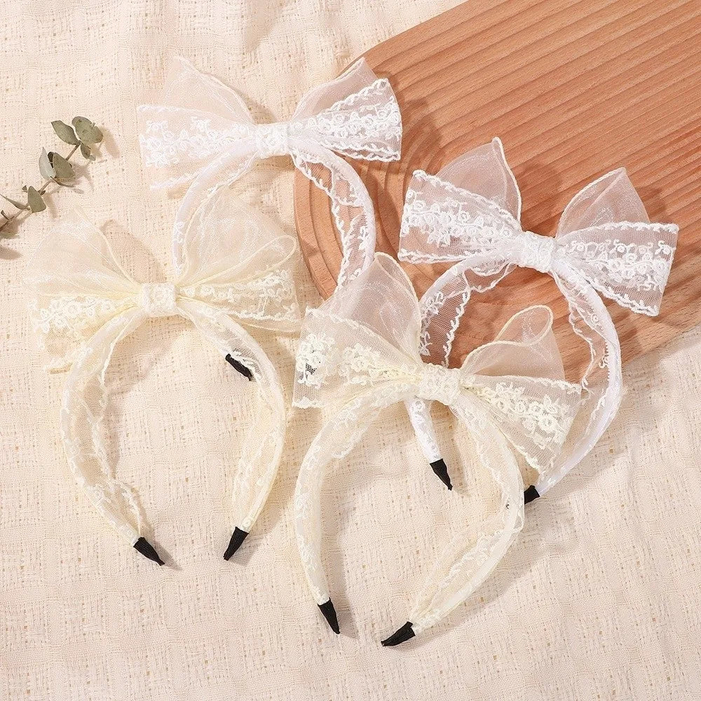 Elegant Lace Bow Headband – Floral Embroidery Non-Slip